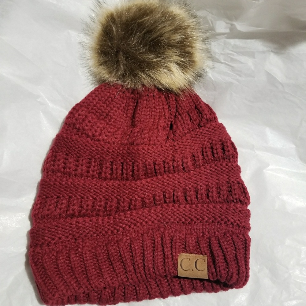 Burgundy C.C Beanie Adult Size Beanie with Pom Pom